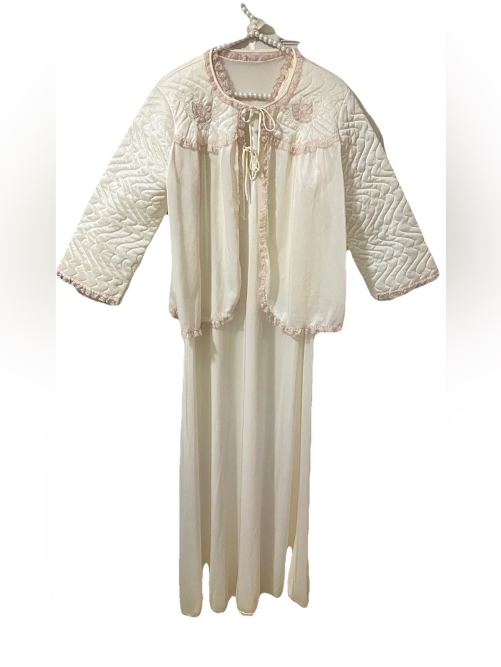 Vintage Kayser IvoryPeignoir Embroidered Lace Nightgown USA SZ M